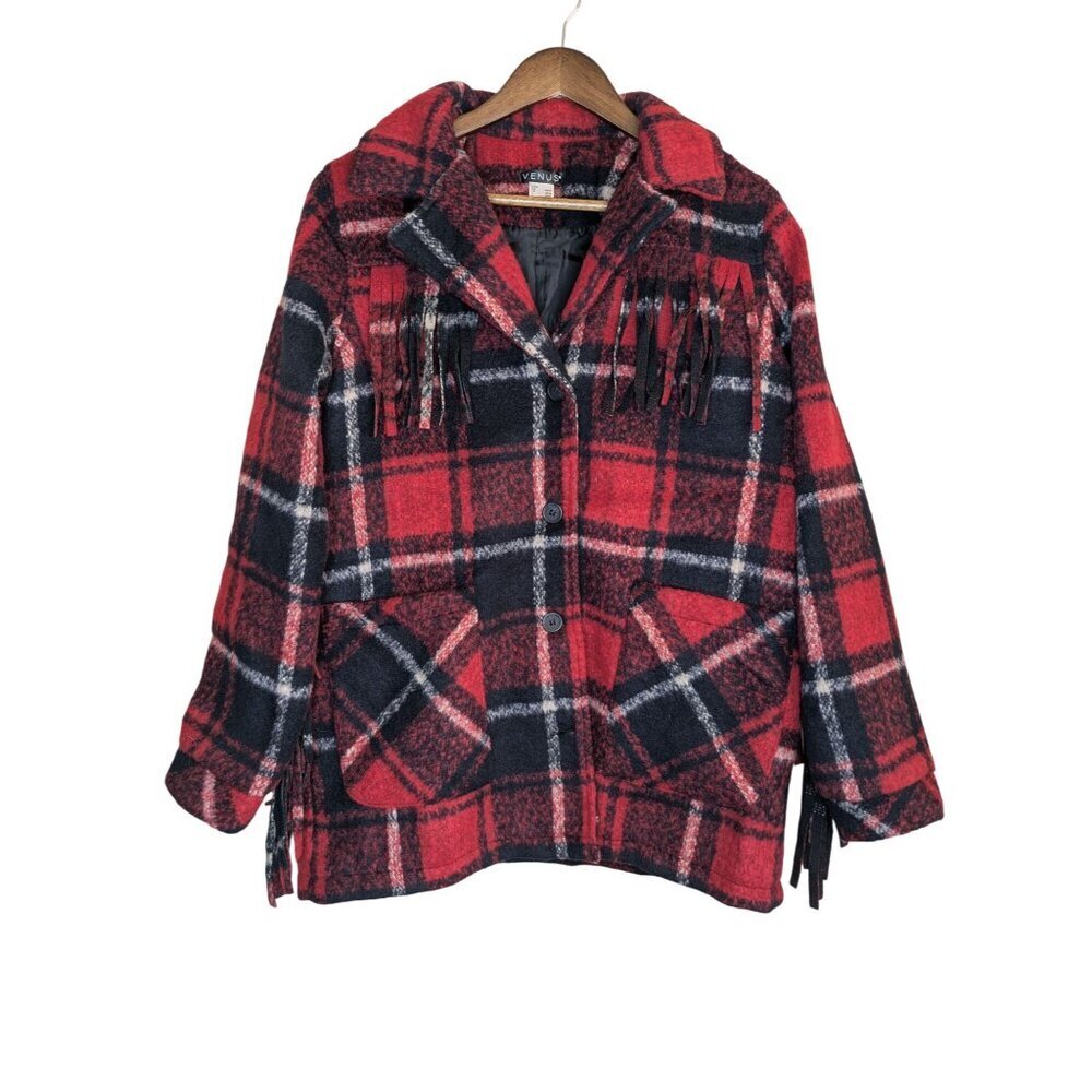 Venus Plaid Barn Chore Pea Coat Large Red Fringe Y2K Western Preppy Boho Jacket